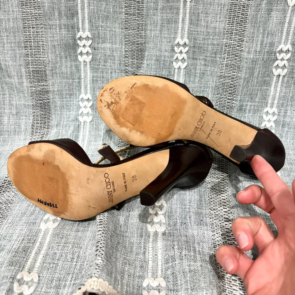 Jimmy Choo London Made in Italy Leather & Leopard Canvas Peep Toe Heels Size 38